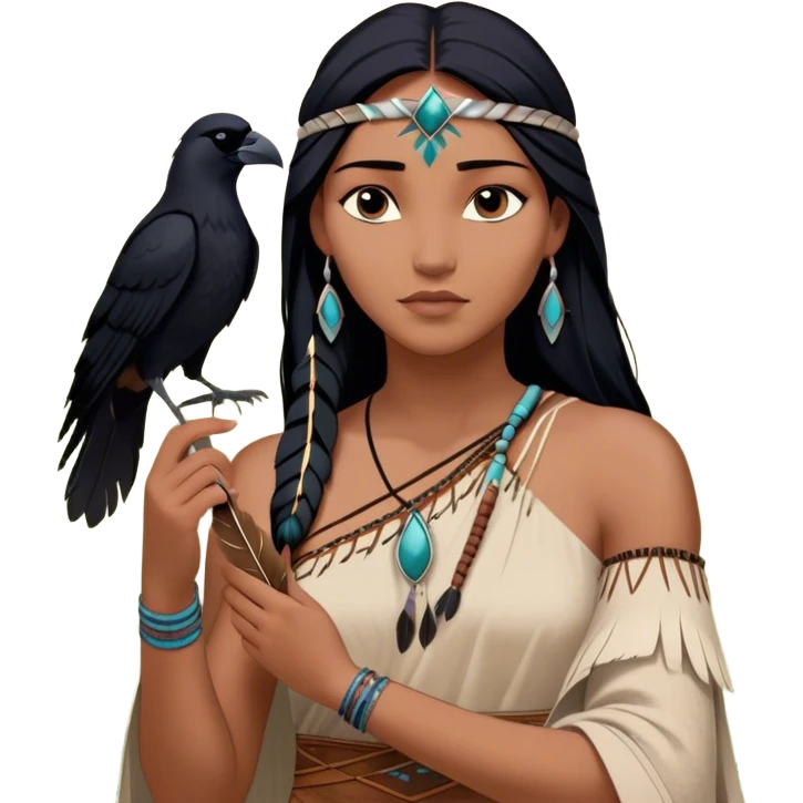 Cinematic Realistic Pocahontas Portrait, depicted with lifelike skin texture, soft natural lighting, and intricately detailed long, flowing raven-black hair that moves gracefully in the wind. Her deep, soulful dark brown eyes exude wisdom and strength, complemented by a serene yet powerful expression. She is shown gently holding a feather in one hand, her other hand resting lightly at her side, embodying the harmonious balance between nature and herself. She is dressed in her classic one-shoulder native American dress, with rich fabric textures and delicate beaded details that catch the light beautifully. The portrait features a soft, sun-kissed glow with a natural, radiant finish, capturing the essence of untamed beauty and deep connection to nature in a realistic and painterly style, evoking a sense of depth and authenticity. emoji