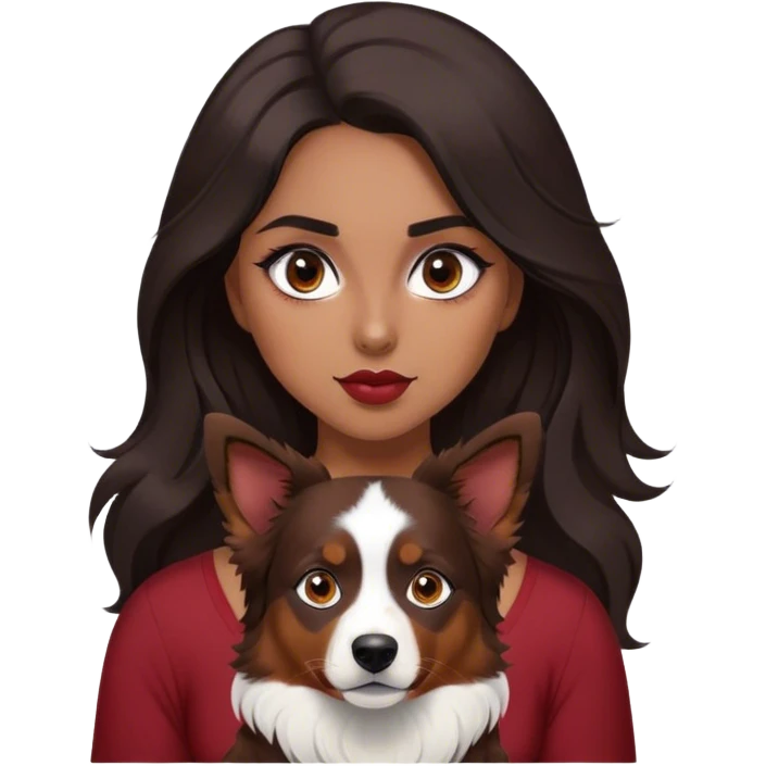 One latina girl with long beautiful dark hair and dark eyes in a dark red v neck and makeup with her black tri colored  Australian shepherd large emoji