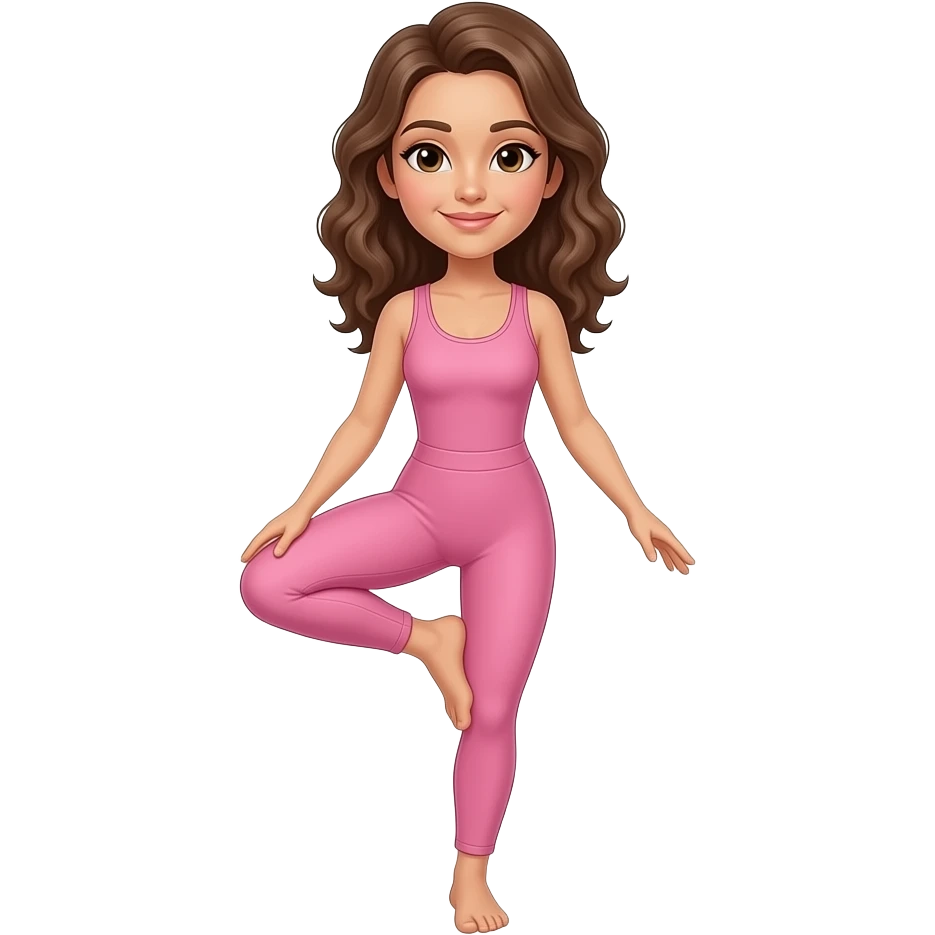 Mulher da cabelo ondulado fazendo ioga vom macacão rosa em pé emoji
