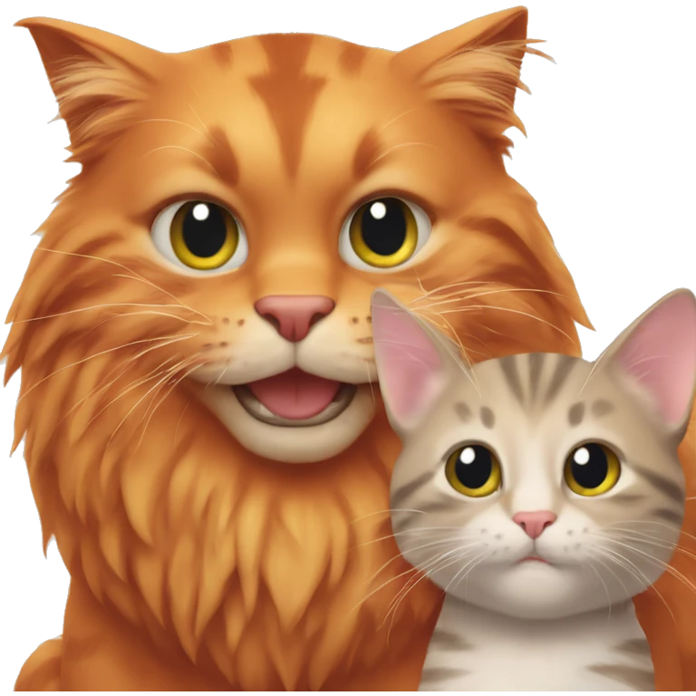 A big red cat playing with a small kitty emoji