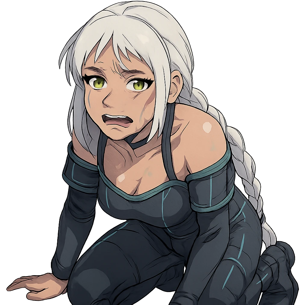  she is crawling, crying, utterly defeated, a closeup portrait of young woman with gold yellow eyes, white hair, long braid, black off-shoulder top d-cup, punk gothic style, futuristic cyberwave cyberpunk, sitting position
 emoji