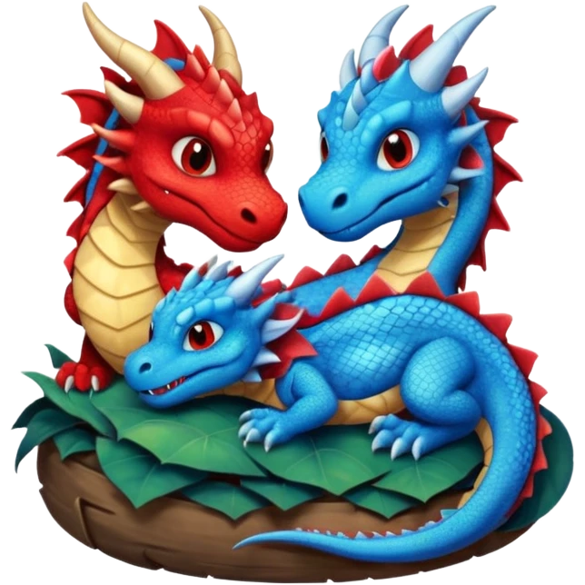 a pair of dragons, one red and one blue, and they are so cute and asleep in their den. emoji