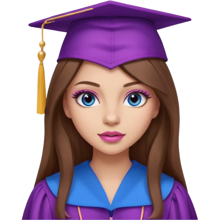 girl with gorgeous long brown hair, blue eyes, long lashes makeup, sexy pink lips, wearing a purple and pink graduation cap and gown emoji