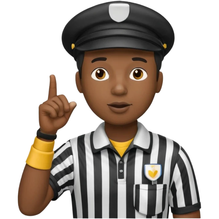 A black calm referee with striped shirt, wearing a cap while blowing a whistle, pointing clearly toward the field. emoji