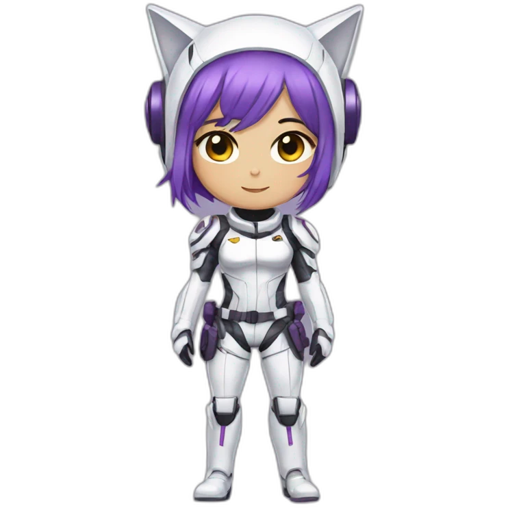 Anime mech pilot girl with short straight purple hair white pilot suit and short metal cat ears emoji