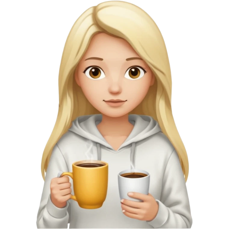 Girl with blonde long hair at white hoodie with a cup of coffee emoji