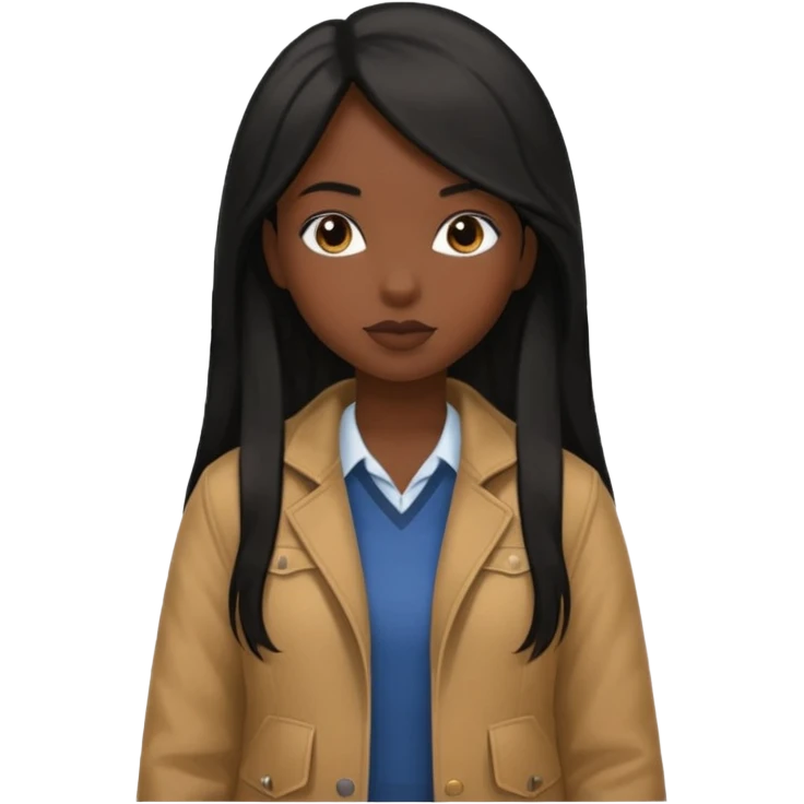 walk black long hair girl at university without backpack with brown jacket emoji