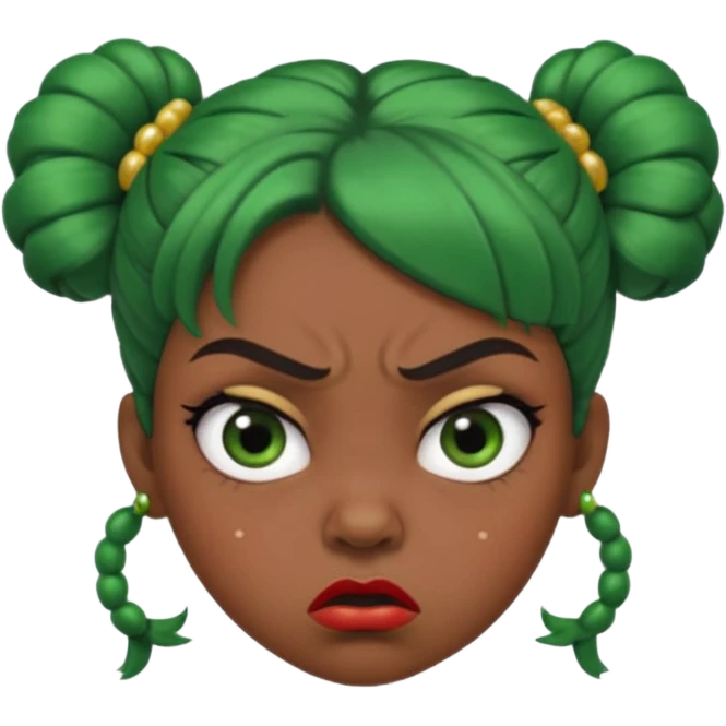 Create a 3D cartoon-style girl character with dark skin, round face, angry expression, big wide eyes, and tightly styled double buns made of green beaded hair. The girl should look irritated, eyebrows sharply angled, and lips pressed in a frown. emoji