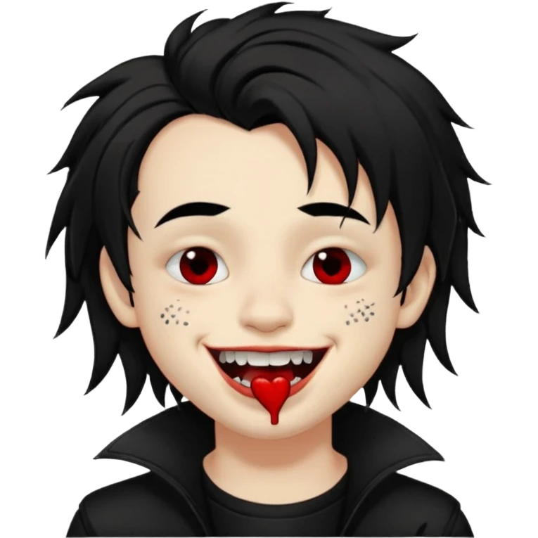 Laughing pale Goth boy with a bunch of face piercings, with shaggy dark brown hair, and messy black eyeliner , smudged, red, lipstick , kissing tan boy with long black hair  emoji