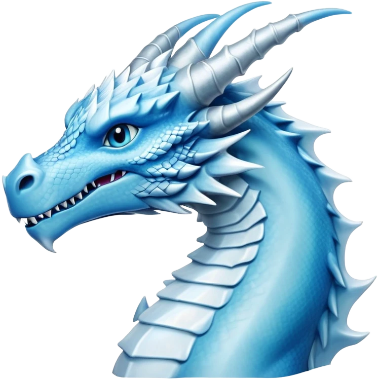 Cinematic Noble elegant Ice Dragon Portrait Emoji, Poised and imposing, distinct long elegant snout, with a slender, scaled body shimmering in glacial hues of icy blue, frostbitten silver, and crystalline white, breathing out frost, with piercing, glowing ice blue white eyes that radiate the chilling depths of an arctic storm; rendered in detail. emoji