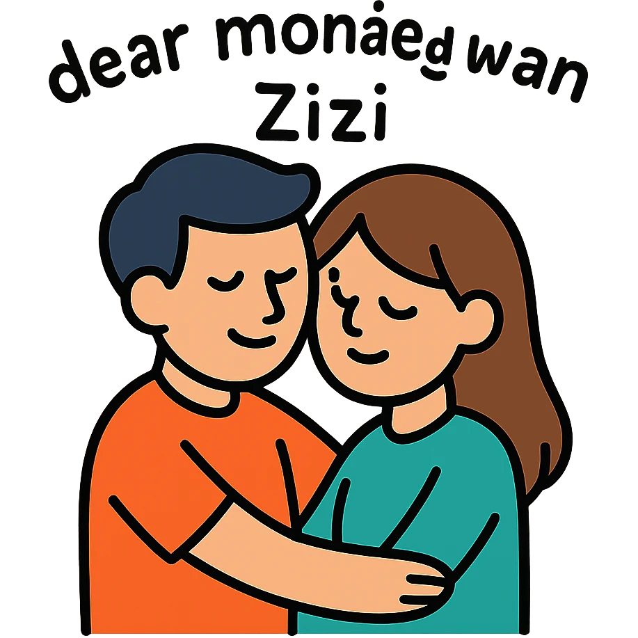 person hugging girlfriend, with text 'dear monainge wan Zizi' emoji