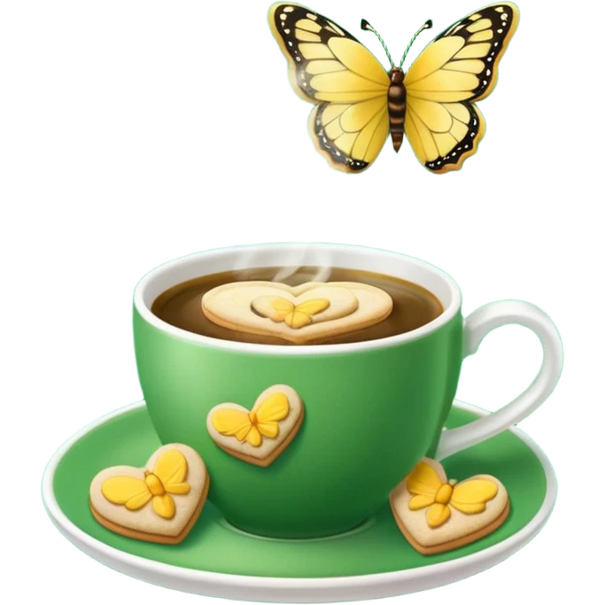 A green coffee cup, steaming in a heart shape, has a yellow butterfly print on it. The cup sits on a green saucer surrounded by cookies. emoji