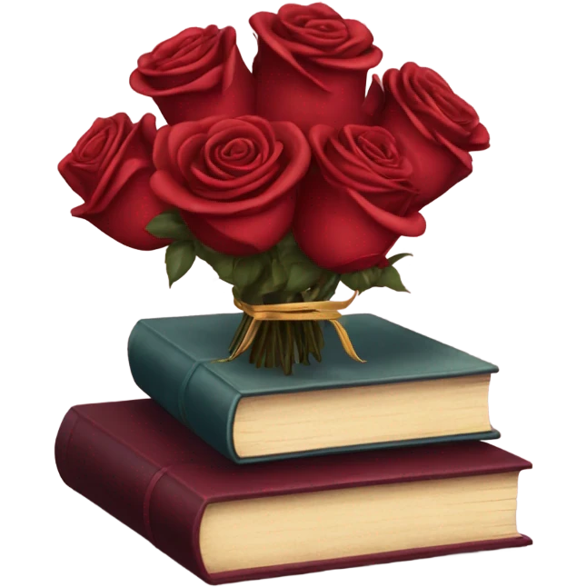 A red stack of books with a maroon bouquet of vintage-style roses and a silk ribbon emoji