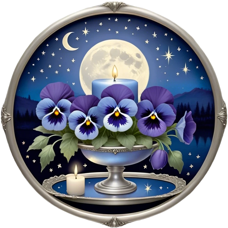 An enchanting nighttime scene where rich blue pansies bloom in a mystical landscape, their petals appearing almost luminous under the soft radiance of a silver crescent moon. A pearl-colored candle, embellished with intricate celestial symbols, sits atop an antique mirror tray, reflecting its warm glow. Wisps of silver mist curl around the flowers, and tiny glowing stars seem to hover just above the ground, adding to the dreamlike atmosphere. In the distance, a faint silhouette of a gothic archway frames the moon, enhancing the scene’s otherworldly beauty. emoji