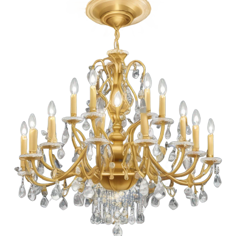 Gold chandelier with 12 arms, candle lights, crystal pendants, and ornate white ceiling rosette. emoji