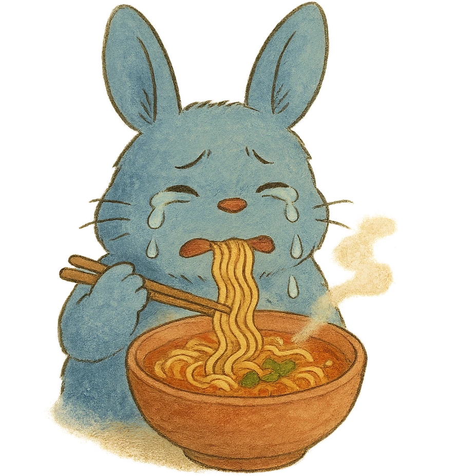 blue bunny crying while eating spicy ramen, soft Ghibli style emoji