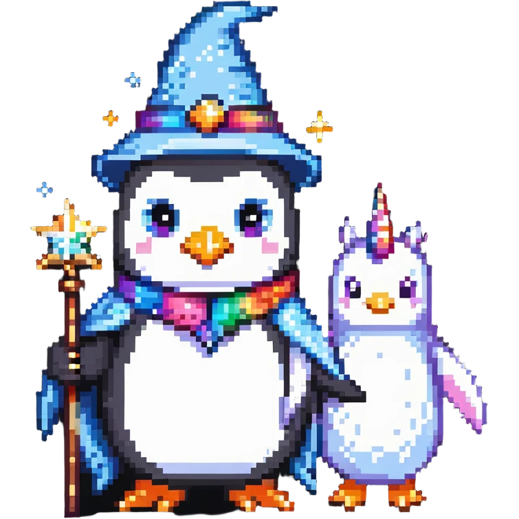 a penguin wizard with magical sparkles and a unicorn companion emoji