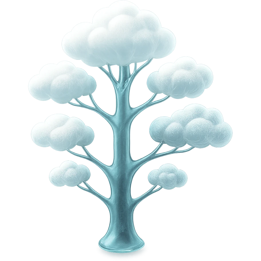 one tree with many branches and a white trunk, crown made of small very bright white fluffy convex clouds, matte glass style emoji