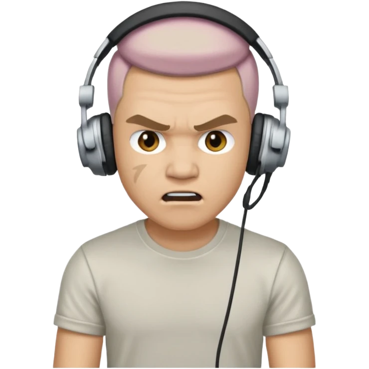 Male, angry, wearing headphone having mic, t-shirt 
 emoji