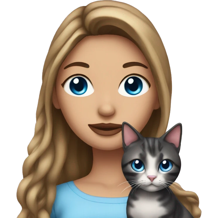 Woman with dark long hair, pink lips and blue eyes holding a tabby cat  emoji