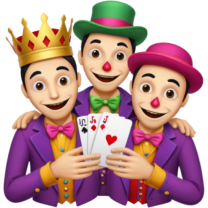 3 poker cards, with crazy colorful human jolly jokers inside, puppeteers emoji