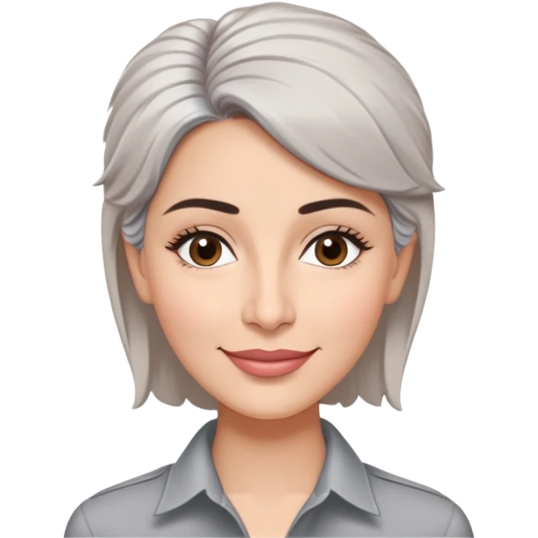 Puerto Rican actress Marian Pabón with elongated face, light pinkish skin, almond-shaped expressive eyes, straight nose, well-defined lips with wide smile, arched eyebrows, pronounced cheekbones, short spiky gray hair like a man's cut, wearing a white buttoned shirt emoji