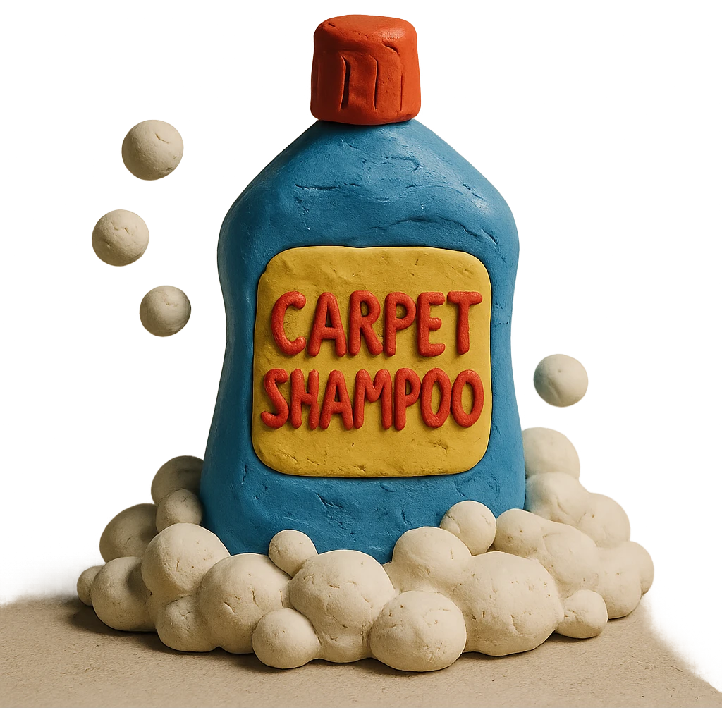 carpet shampoo bottle with bubbles and suds, playful look, claymation style emoji