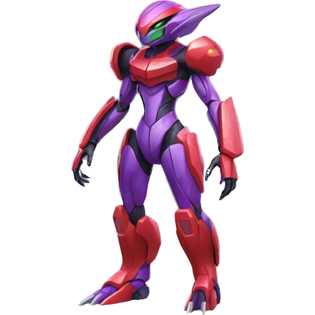 a shiny purple-green-red Genesect-Raptor-Fakémon—hybrid with a futuristic visor-helmet full body emoji