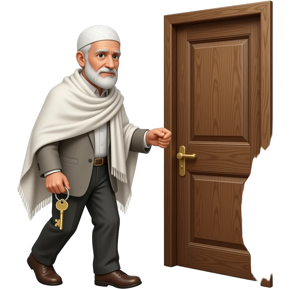 пожилой мужчина мусульманин с ключами подходит к деревянной двери emoji