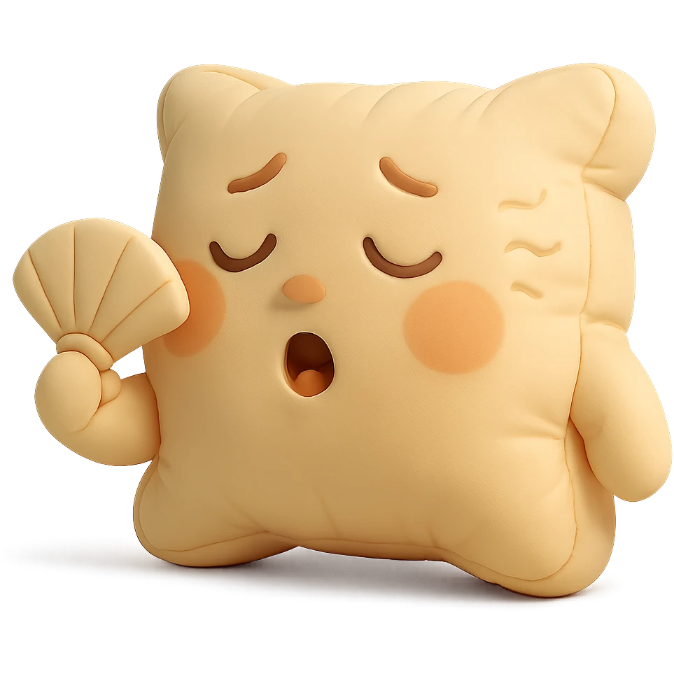 plush cushion face fanning itself, hot weather, stylized and cute, cushion style emoji