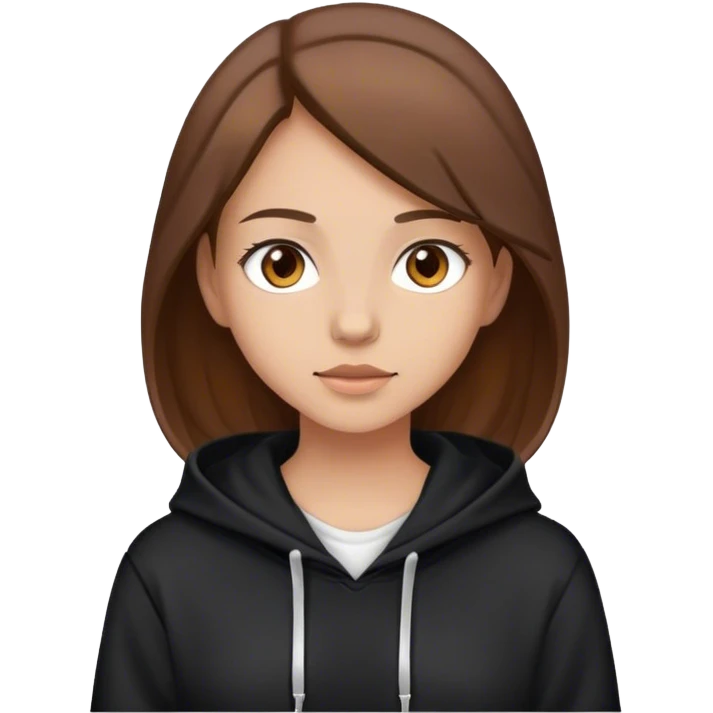 A Girl with Brown Hair and Brown eyes wearing a White t-shirt and a black hoodie  emoji