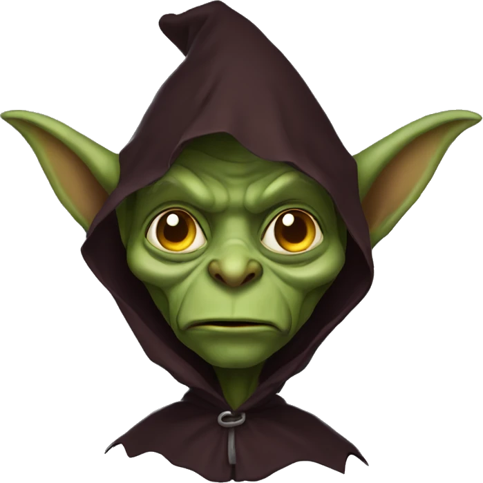 Goblin head, wearing a dark cape, hood,  front view,  emoji
