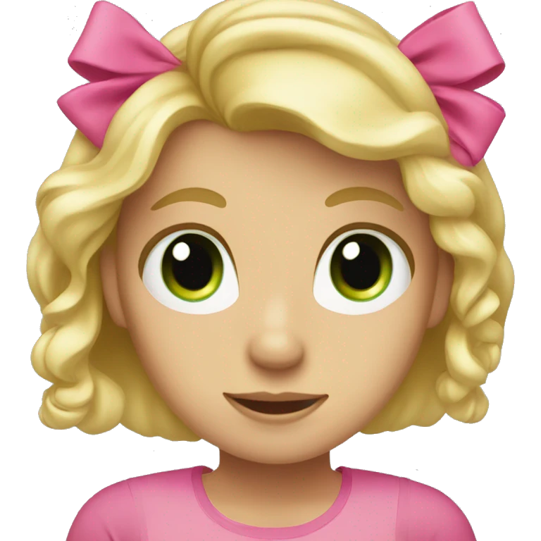 Blonde with long hair and a pink bow with a green shirt and green eyes emoji