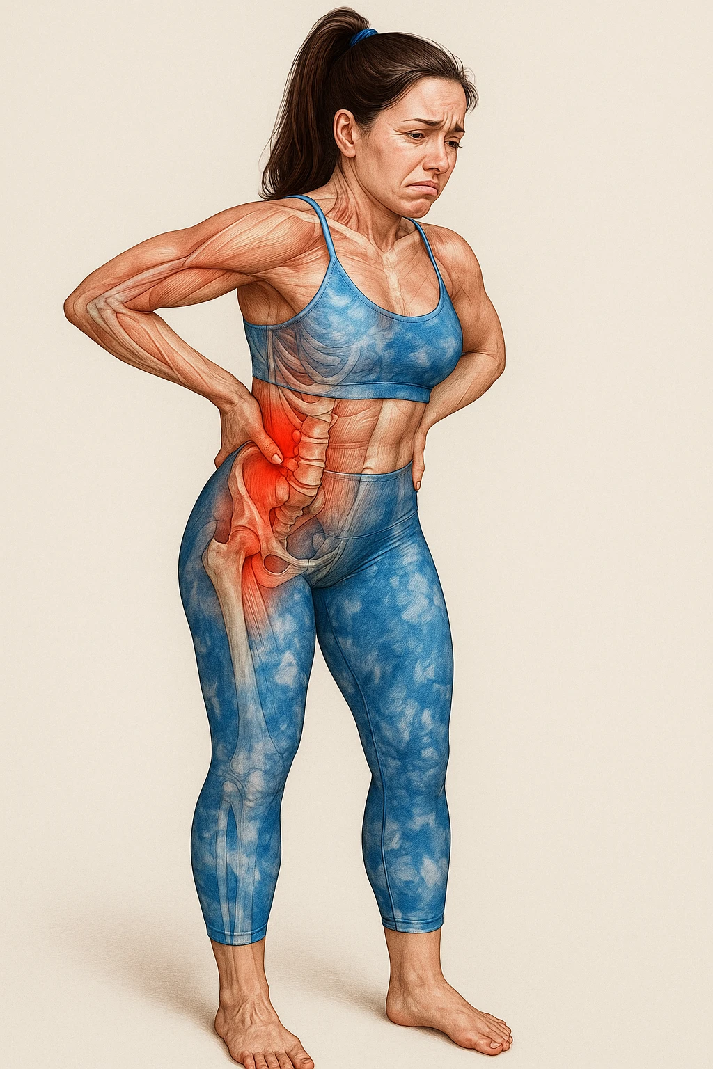 Realistic anatomical illustration of a woman in sportswear inspired by the reference photo, showing pain in the lower back (lumbar area) with highlighted muscles and vertebrae involved, hands on the painful area, pained expression, neutral background. emoji