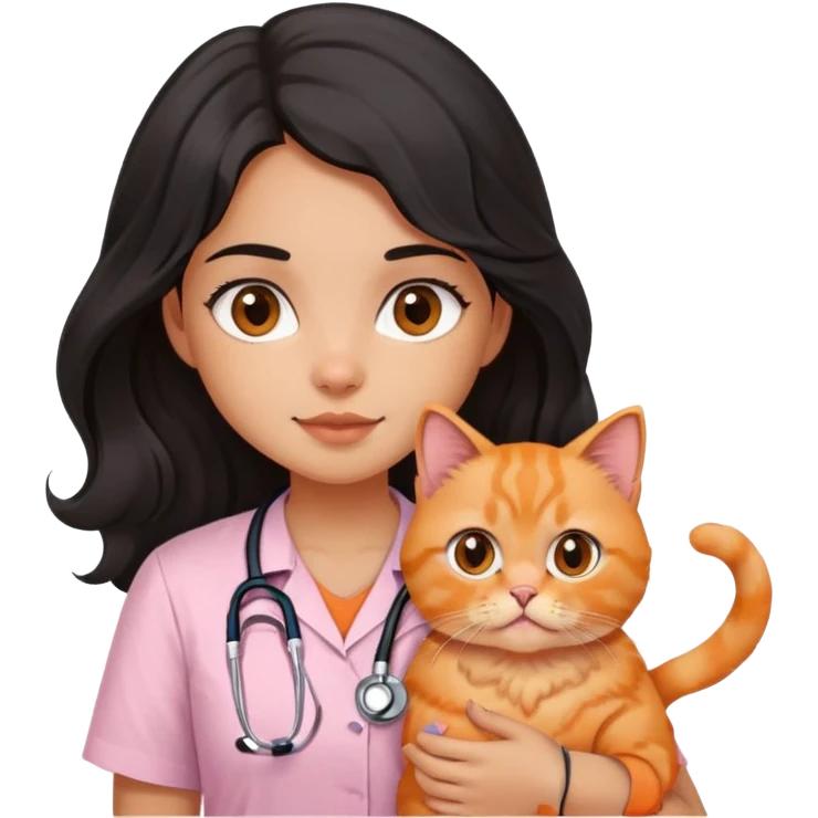 a girl with long black wavy hair and dark brown eyes, wearing a plain light pink short-sleeved shirt with a stethoscope on her neck while holding her orange persian cat emoji