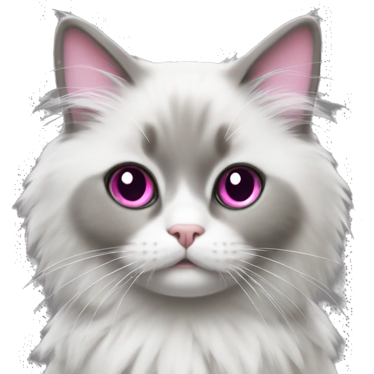 A gray ragdoll with a white bow,which has a pink heart on the middle of it emoji