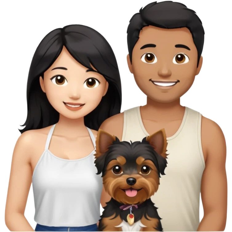 A pretty Asian girl with long, luscious wavy black hair (loose, no hair tie), wearing a white sleeveless halter top, standing beside a brown skinned man with a Two Block 6/4 haircut who is wearing a shirt. They are both smiling and holding a small Yorkshire Terrier together emoji