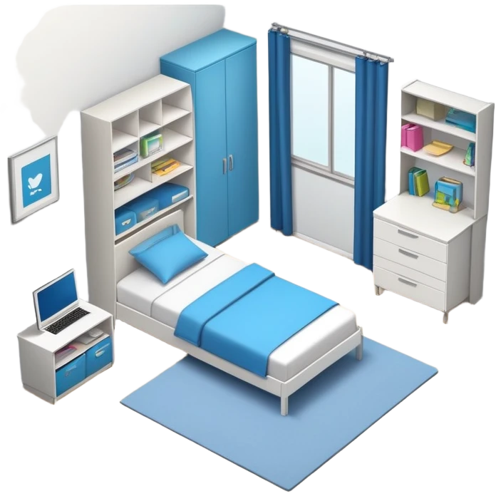 top-down view of teenage bedroom layout with bed, desk, closet, and storage emoji