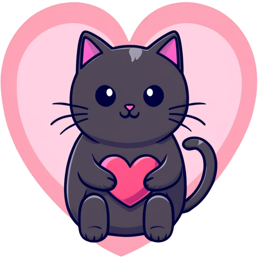 Black cat holding a pink heart emoji