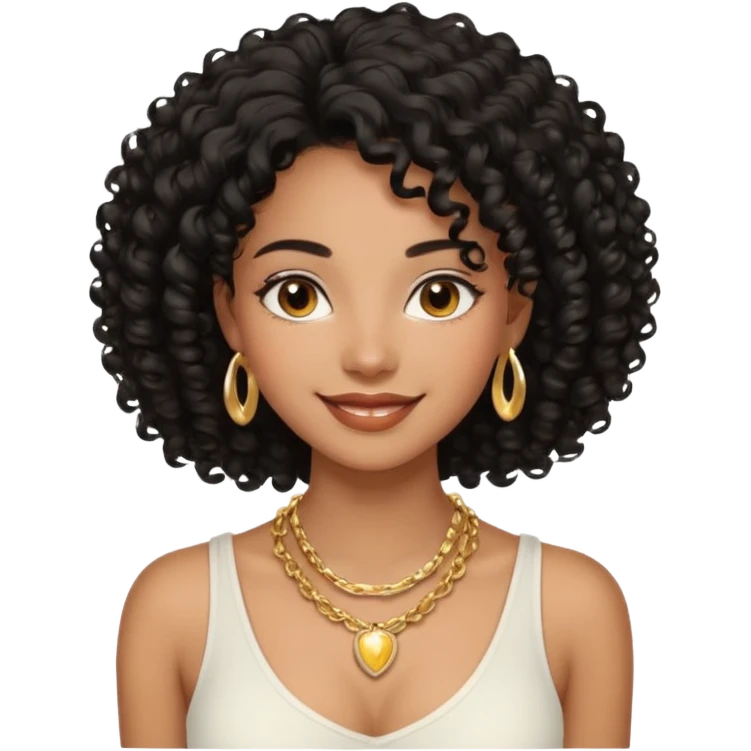 a young woman.She has voluminous, curly black hair that frames her face beautifully. Her skin tone is black light and glowing, and she has a subtle, natural makeup look. She’s smiling softly at the camera. She is wearing a white top emoji