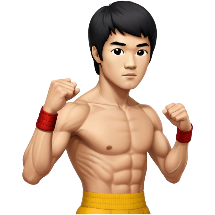 Cinematic Realistic portrait of Bruce Lee, shown as a legendary martial artist in a dynamic, powerful pose with modern athletic attire and finely detailed muscle definition, rendered in dramatic action lighting emoji