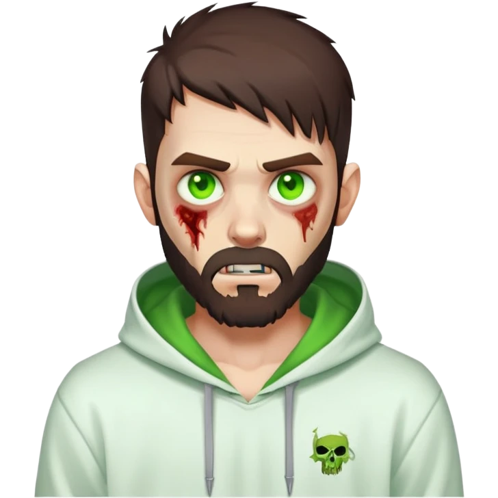 zombie making peace sign, undercut hairstyle with dark brown hair, short full beard, glowing green eyes, wearing plain white hoodie emoji