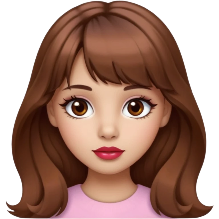 A girly girl with medium skin, soft pinkish cheeks, large bambi dark hazel eyes with long eyelashes, long wavy brown hair with full soft bangs, medium straight nose with a soft tip, medium natural red lips,very feminine and pretty features, emoji