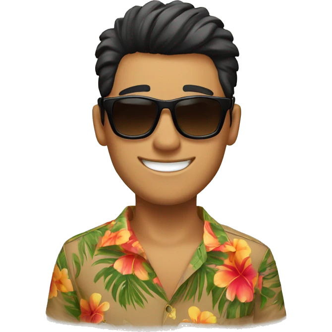 Smiling man, tan skin, black eyebrows, oblong face shape, dark brown messy haircut, wayfarer sunglasses, hawaiian shirt emoji