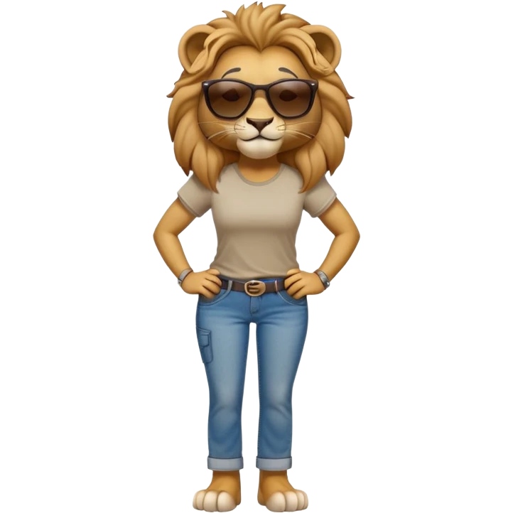 friendly anthropomorphised female lion character, full body, standing confidently with legs apart and hands on hips, wearing jeans, a t-shirt, and dark sunglasses, with a confident smile emoji