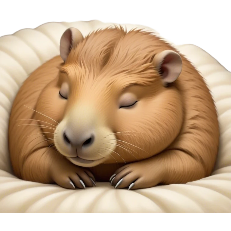 Meme-Worthy Cute Sleeping Capybara Portrait Emoji, Head resting peacefully with a contented smile, showcasing luxuriously soft, fluffy fur and a characteristic capybara head with a broad snout and small, gentle ears, with eyes gently closed in serene slumber, Simplified yet hilariously adorable features, highly detailed, glowing with a soft, drowsy natural light, high shine, relaxed and utterly lovable, stylized with an air of playful laziness, bright and heartwarming, soft glowing outline, capturing the essence of a sleeping capybara that feels destined to become the next viral sensation of adorable rest! emoji