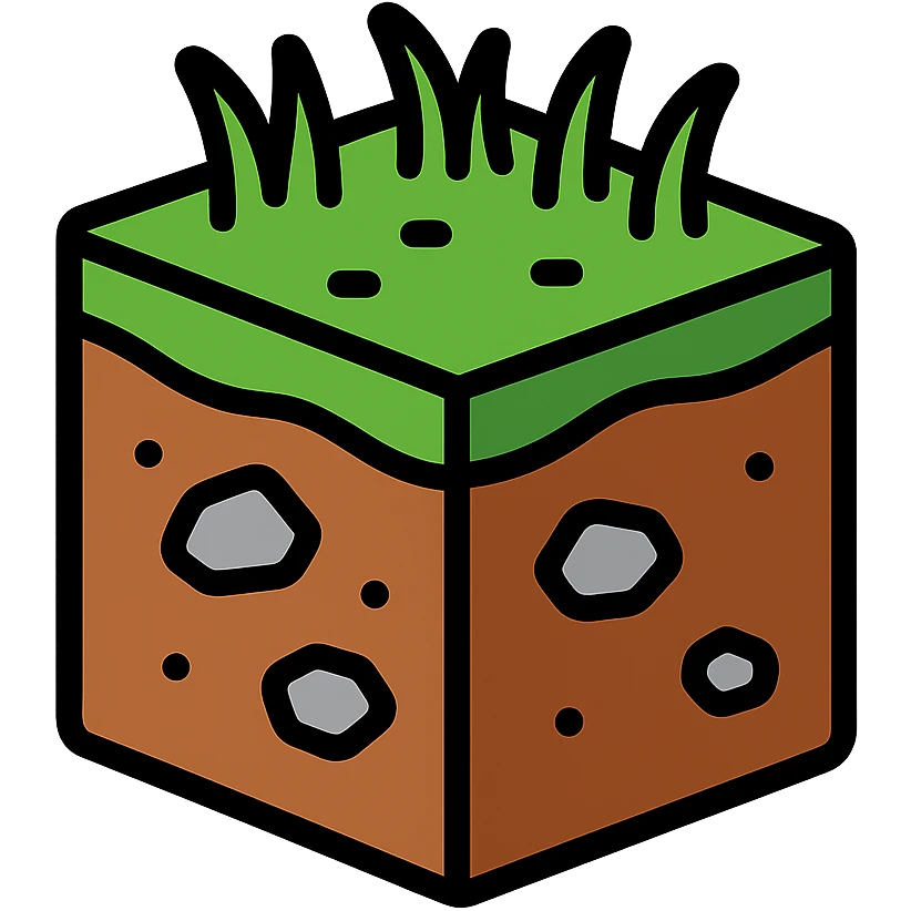 brown cube with small gray stones inside and green grass on top emoji