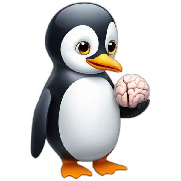 Penguin holding a brain on his hand emoji