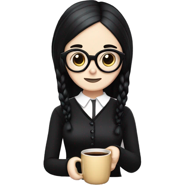 Wednesday Addams wearing square black glasses an holding a steaming coffee  mug  emoji