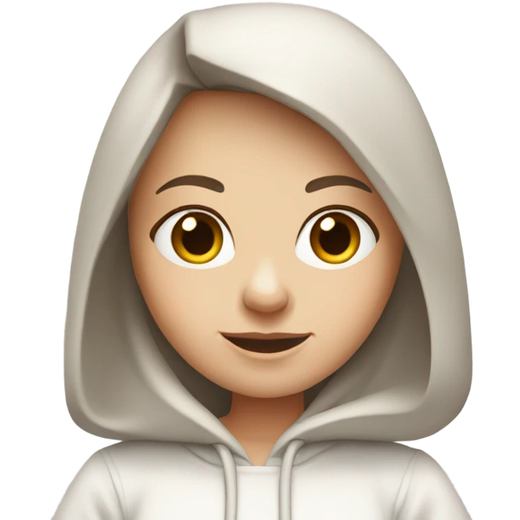 white girl with straight brown hair and bangs in a white hoodie, holding a laptop emoji